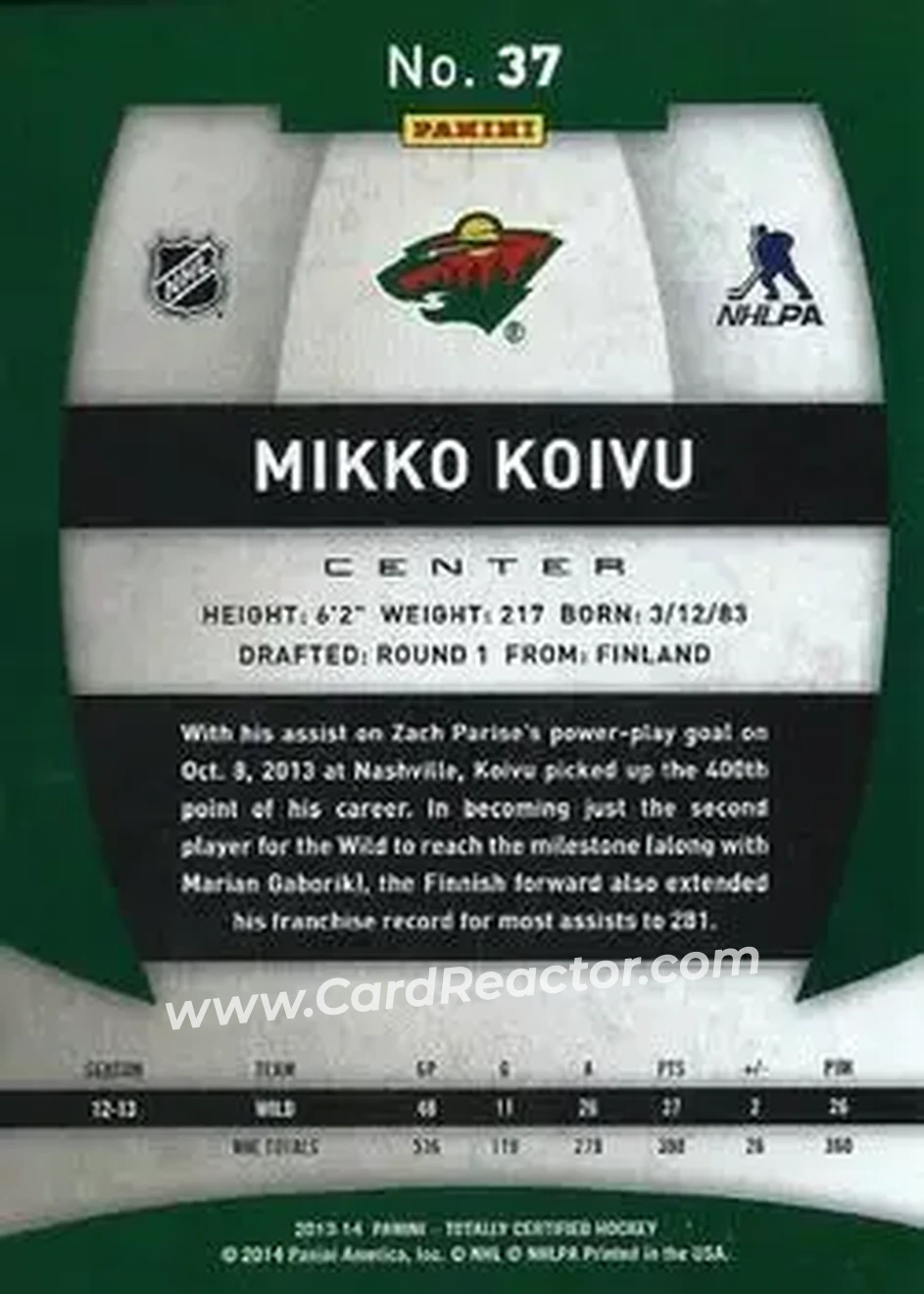 2013-14 Panini Totally Certified #37 - Mikko Koivu - Minnesota Wild - Back