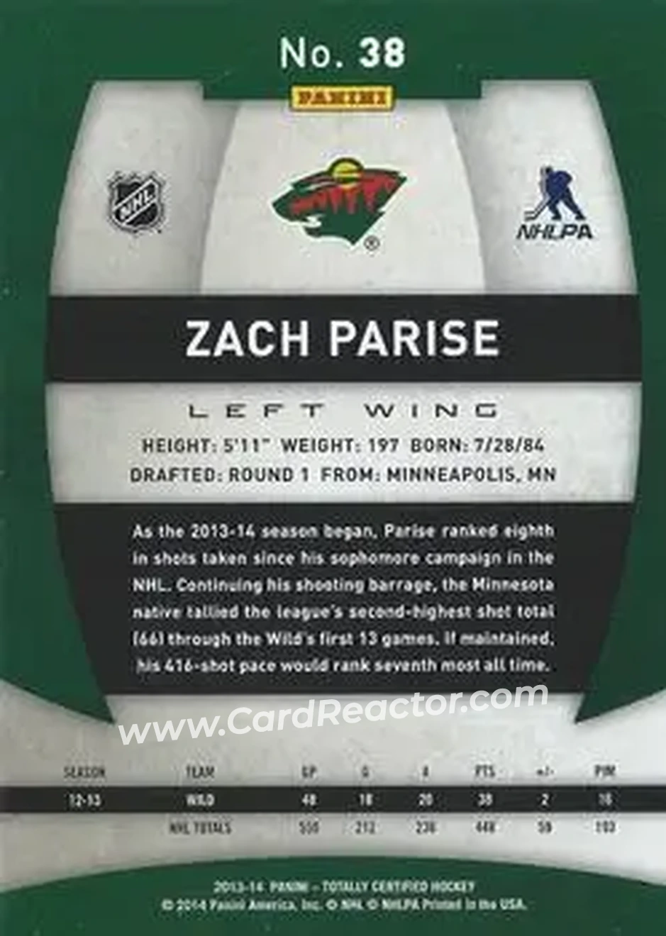 2013-14 Panini Totally Certified #38 - Zach Parise - Minnesota Wild - Back