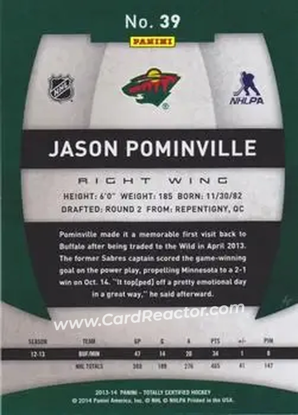 2013-14 Panini Totally Certified #39 - Jason Pominville - Minnesota Wild - Back