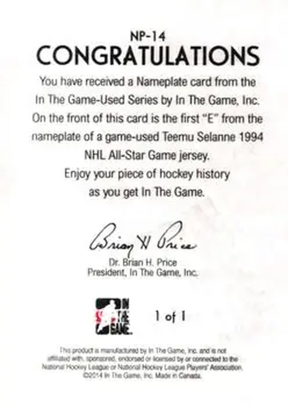 2013-14 In The Game Used - Nameplate Gold Version #NP-14 - Teemu Selanne - Winnipeg Jets - Back