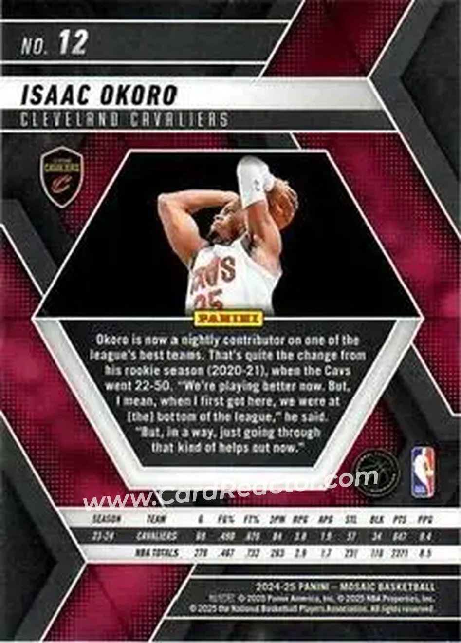 2024-25 Panini Mosaic #12 - Isaac Okoro - Cleveland Cavaliers - Back 2024-25 Panini Mosaic #12 - Isaac Okoro - Cleveland Cavaliers - Back