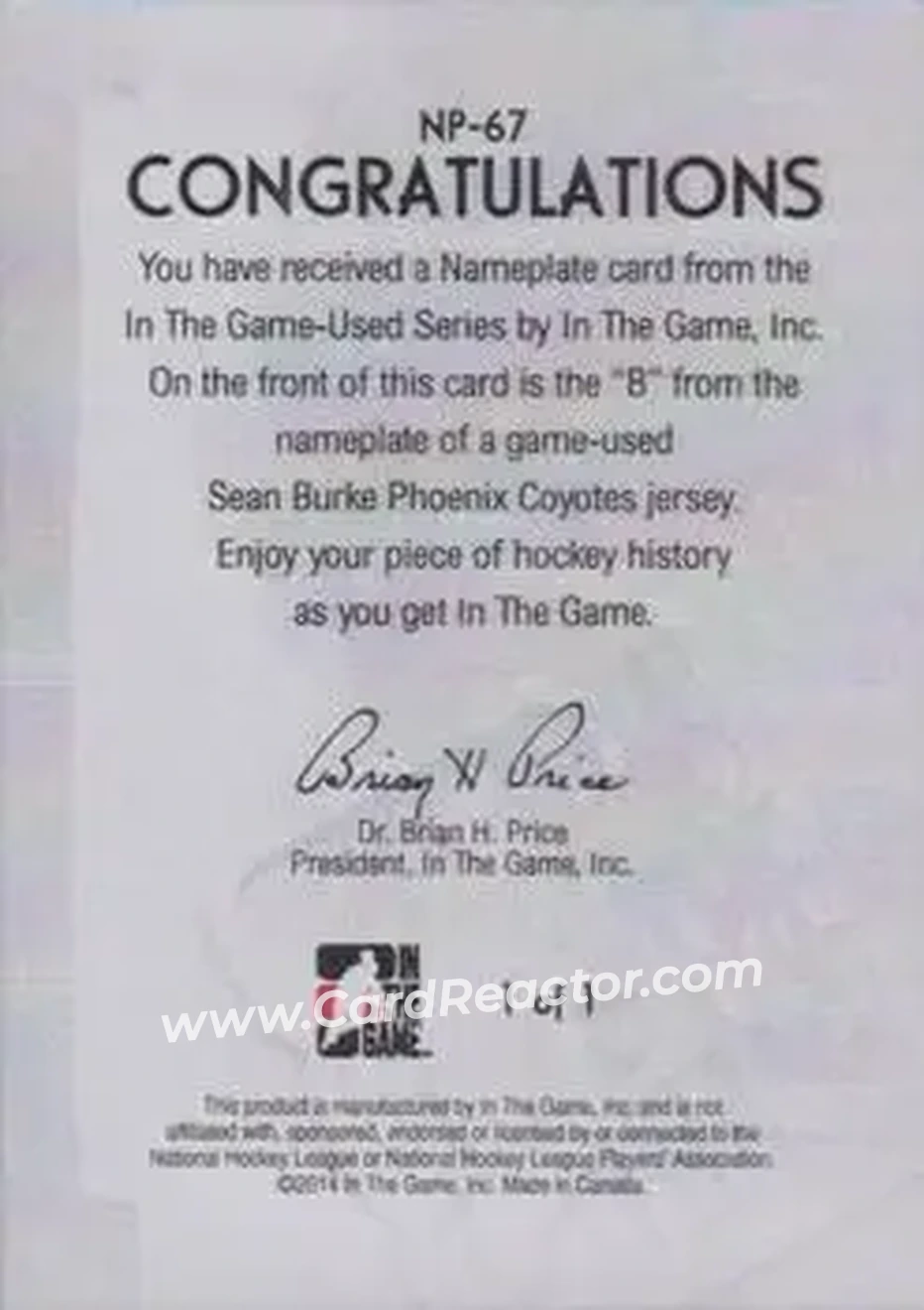 2013-14 In The Game Used - Nameplate Gold Version #NP-67 - Sean Burke - Phoenix Coyotes - Back