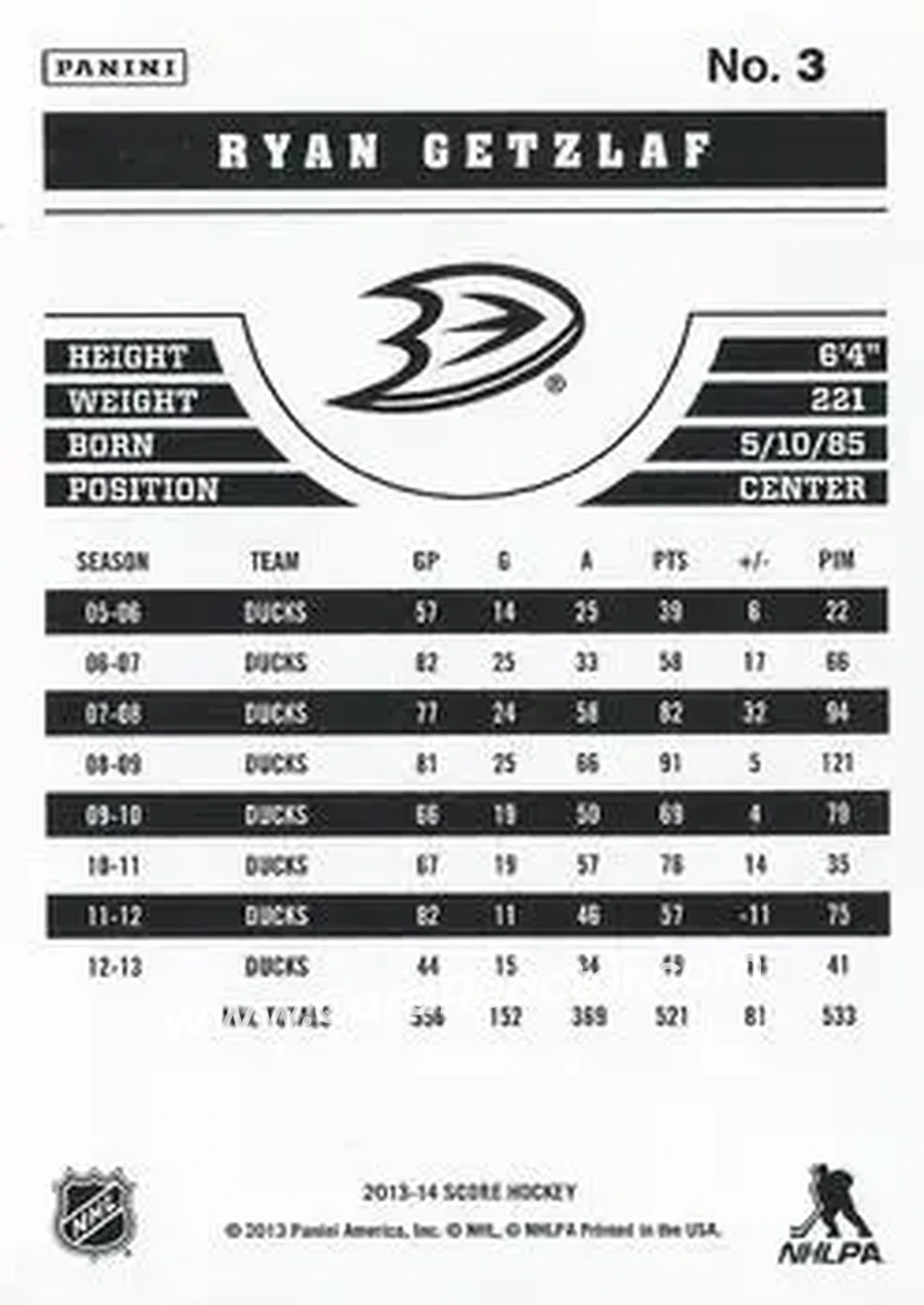 2013-14 Score #3 - Ryan Getzlaf - Anaheim Ducks - Back