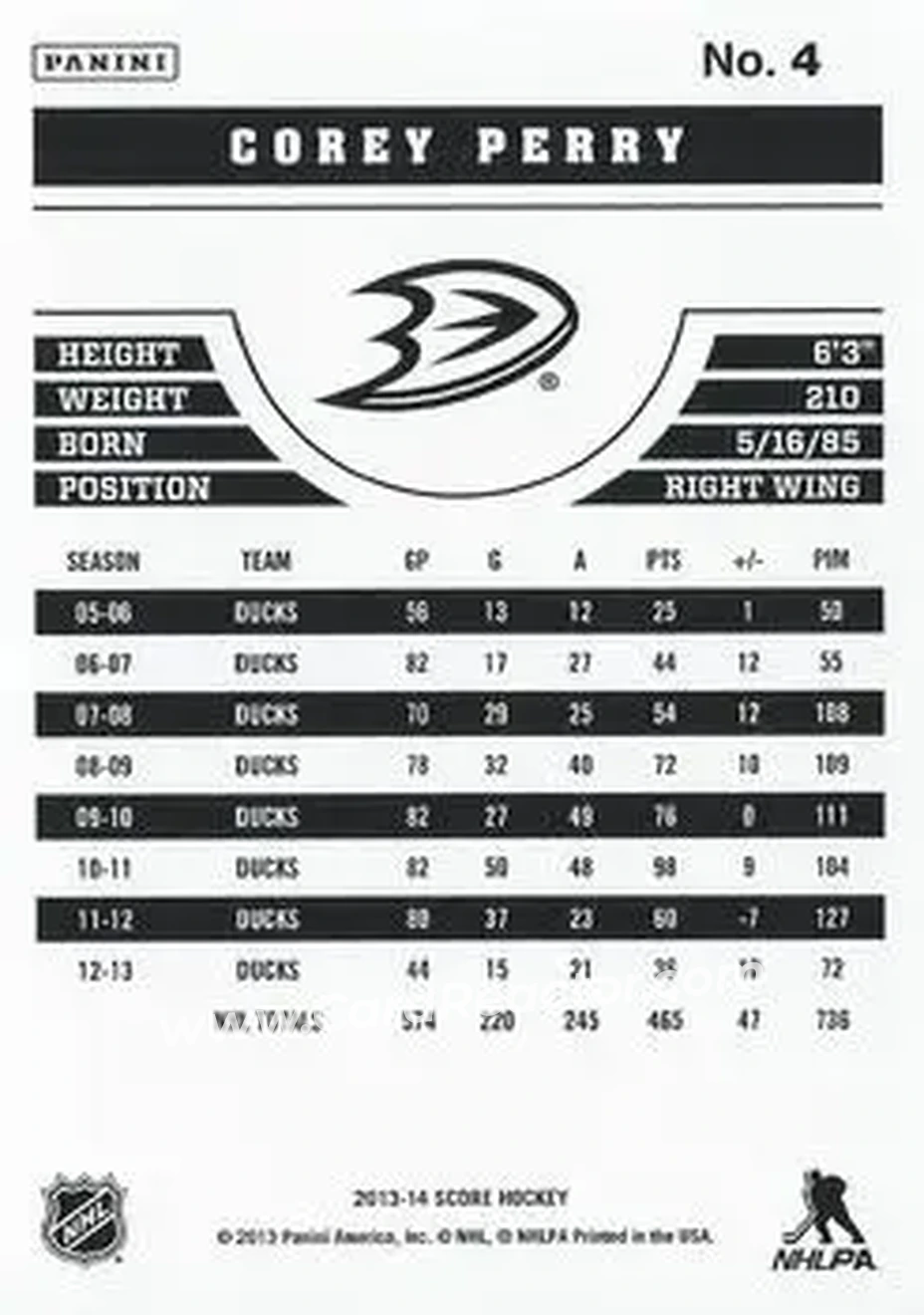 2013-14 Score #4 - Corey Perry - Anaheim Ducks - Back