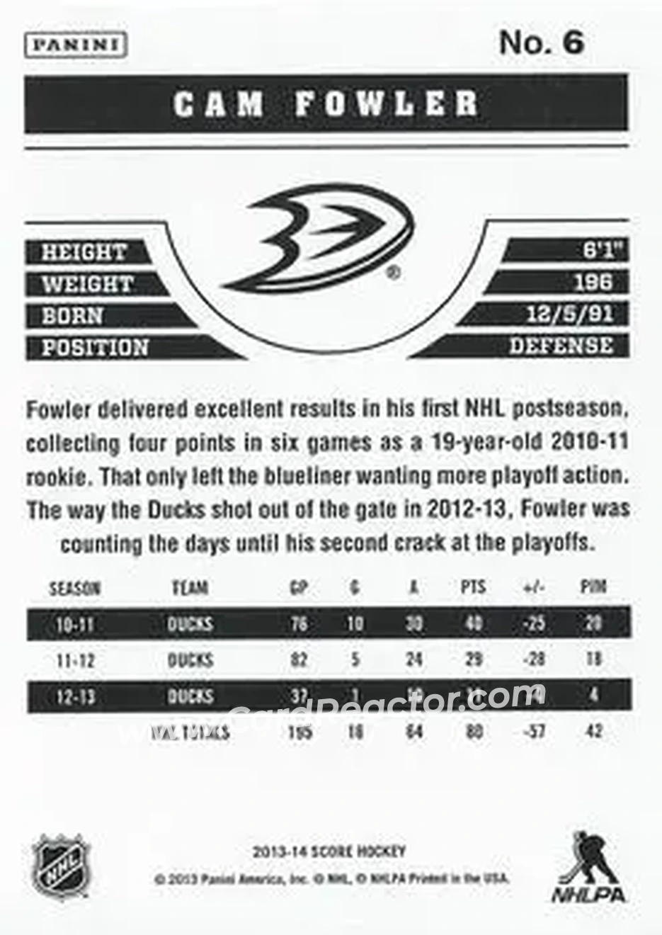 2013-14 Score #6 - Cam Fowler - Anaheim Ducks - Back