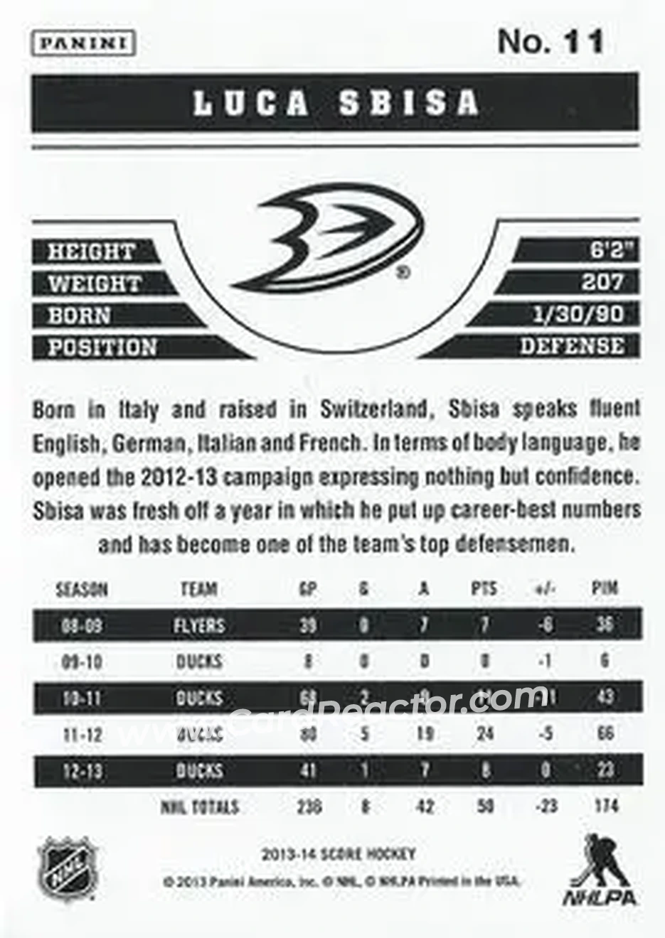2013-14 Score #11 - Luca Sbisa - Anaheim Ducks - Back