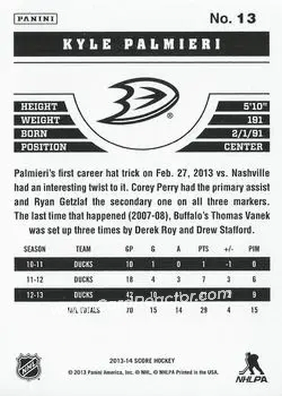 2013-14 Score #13 - Kyle Palmieri - Anaheim Ducks - Back