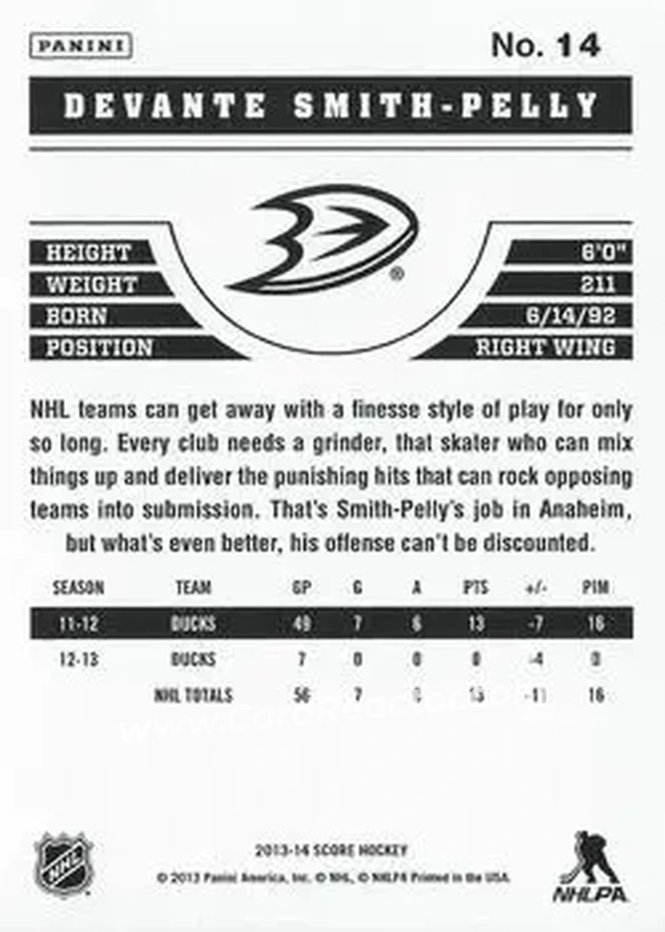 2013-14 Score #14 - Devante Smith-Pelly - Anaheim Ducks - Back