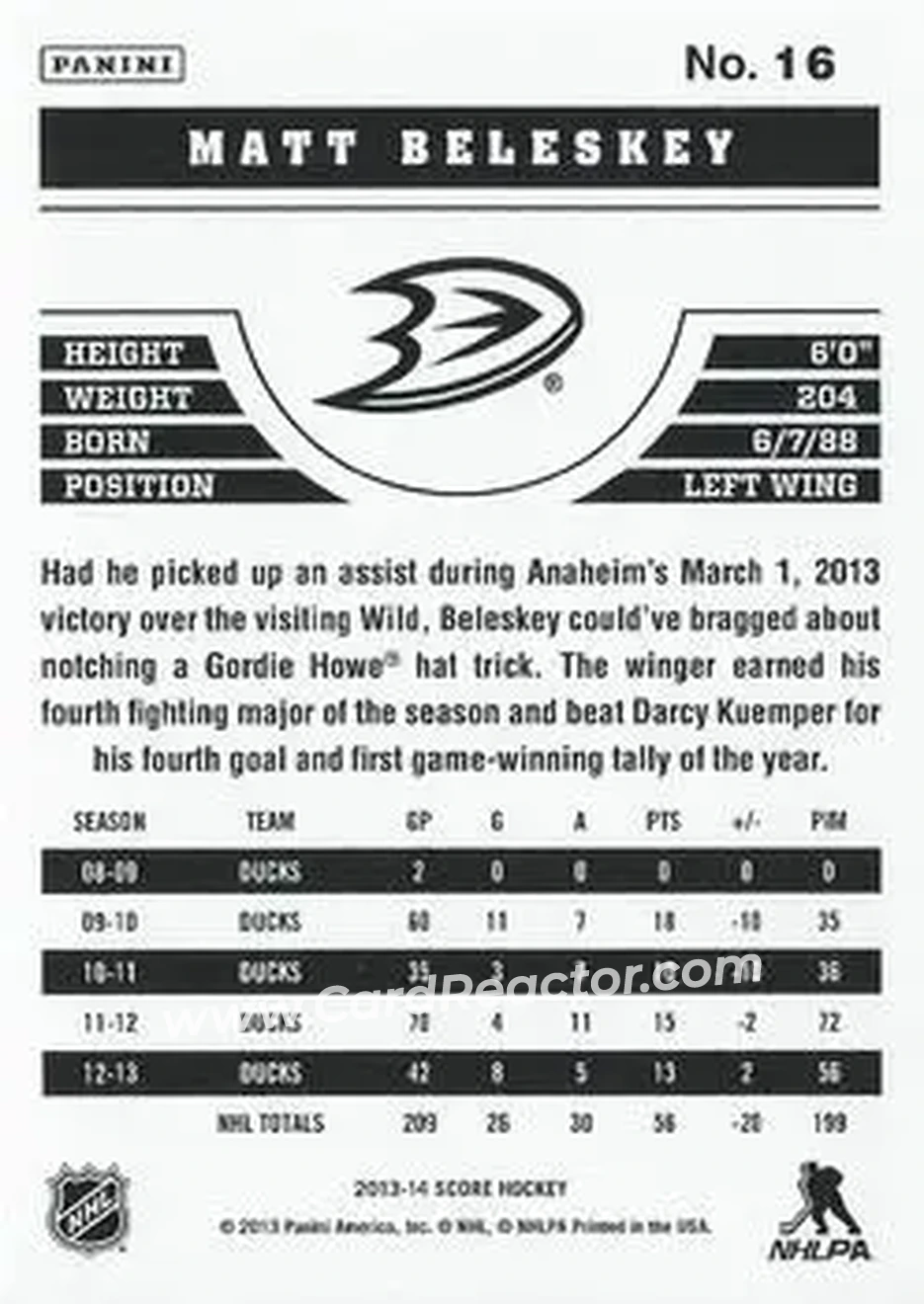 2013-14 Score #16 - Matt Beleskey - Anaheim Ducks - Back