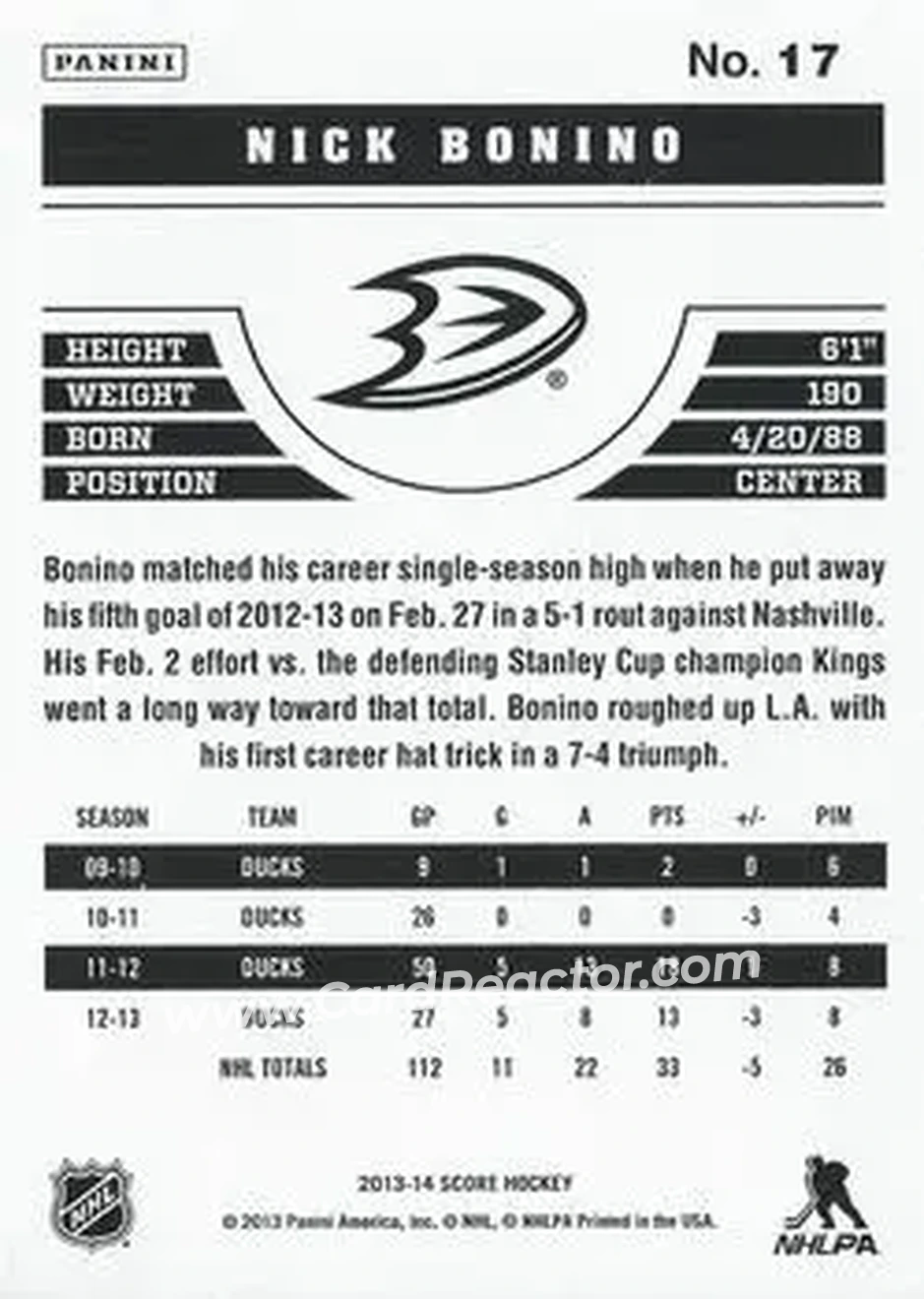 2013-14 Score #17 - Nick Bonino - Anaheim Ducks - Back