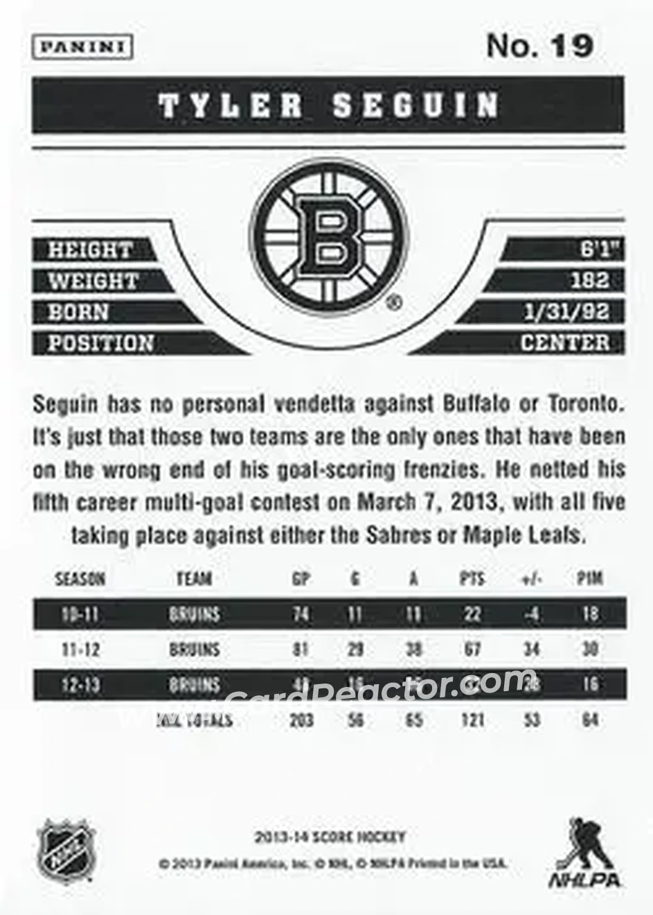 2013-14 Score #19 - Tyler Seguin - Boston Bruins - Back