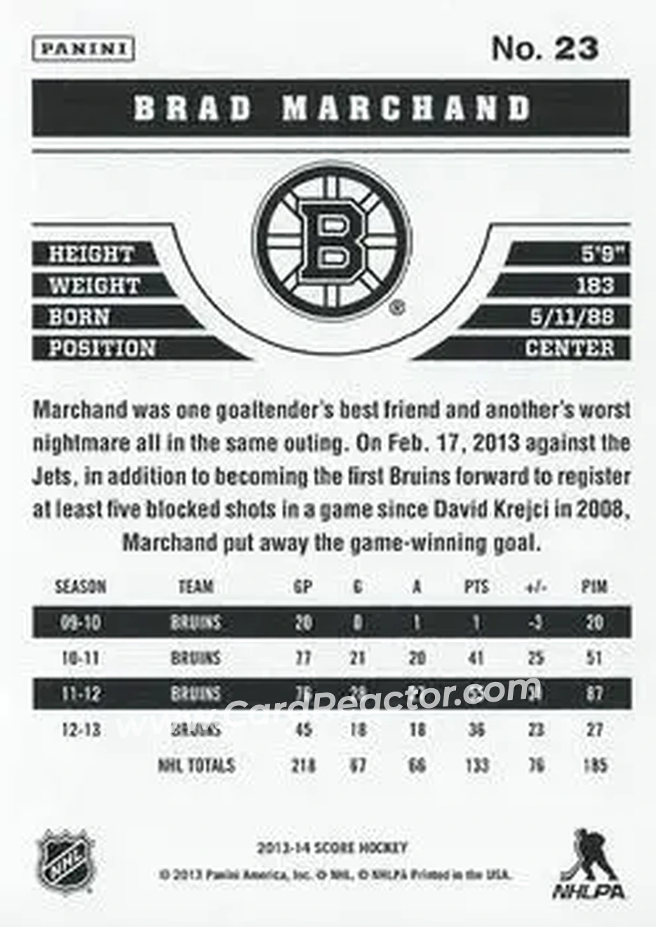 2013-14 Score #23 - Brad Marchand - Boston Bruins - Back