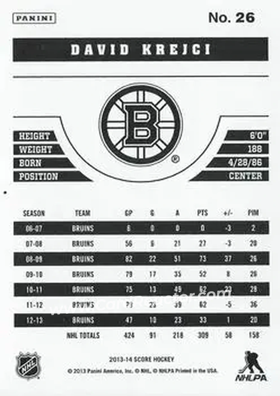 2013-14 Score #26 - David Krejci - Boston Bruins - Back