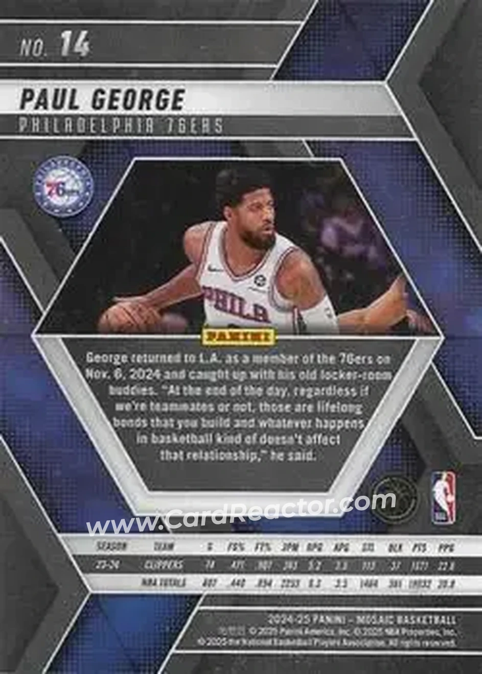 2024-25 Panini Mosaic #14 - Paul George - Philadelphia 76ers - Back