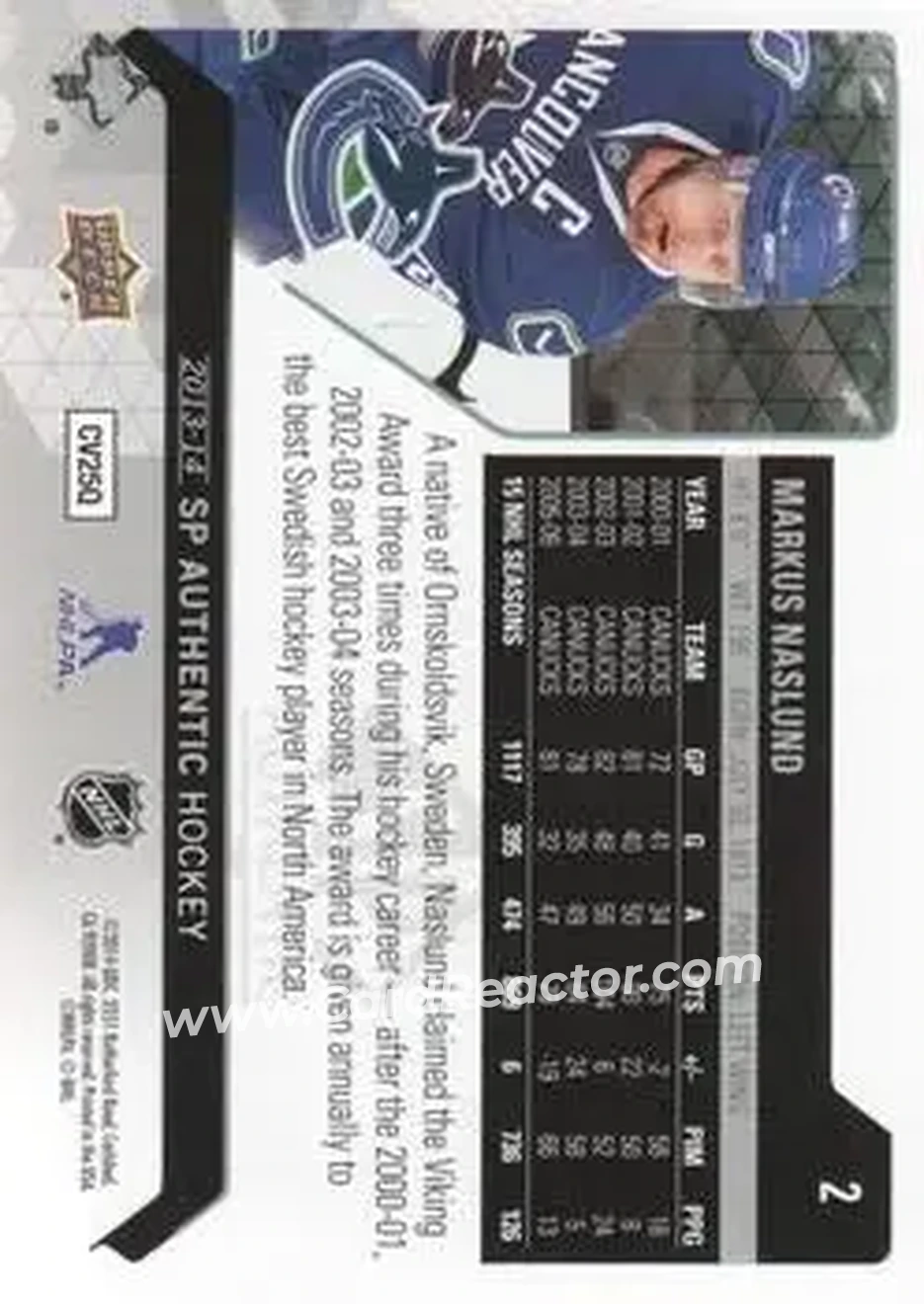 2013-14 SP Authentic #2 - Markus Naslund - Vancouver Canucks - Back