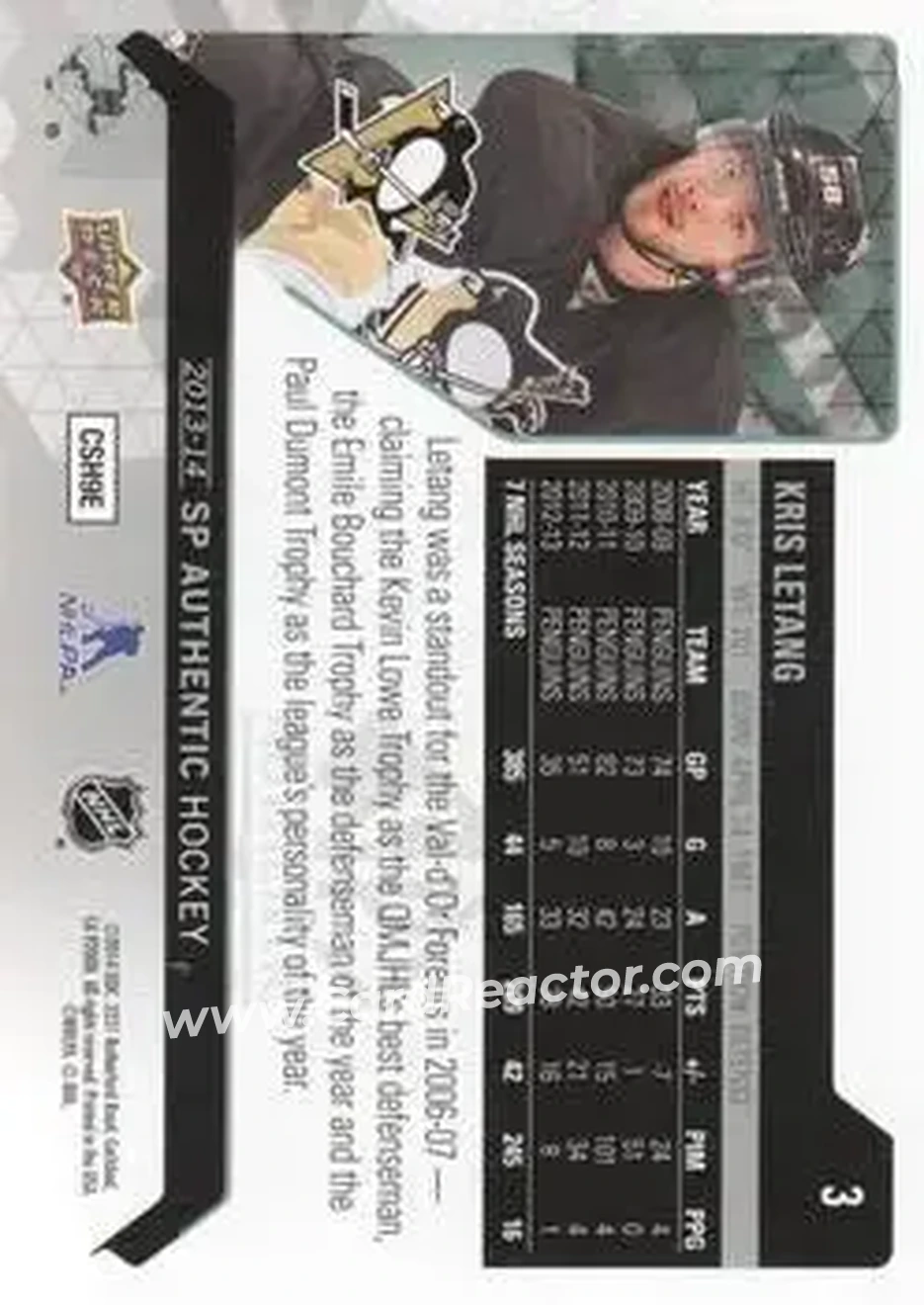 2013-14 SP Authentic #3 - Kris Letang - Pittsburgh Penguins - Back