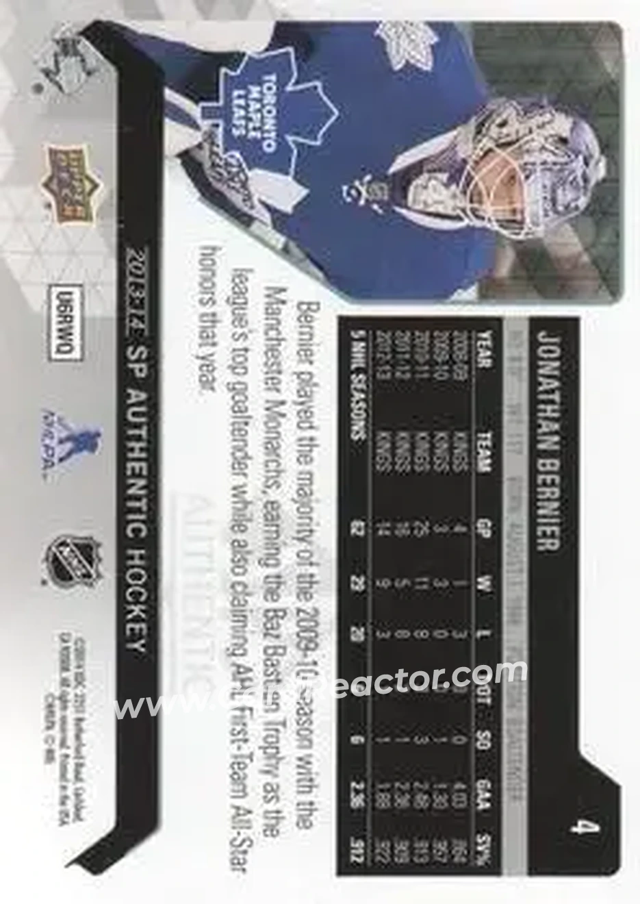 2013-14 SP Authentic #4 - Jonathan Bernier - Toronto Maple Leafs - Back