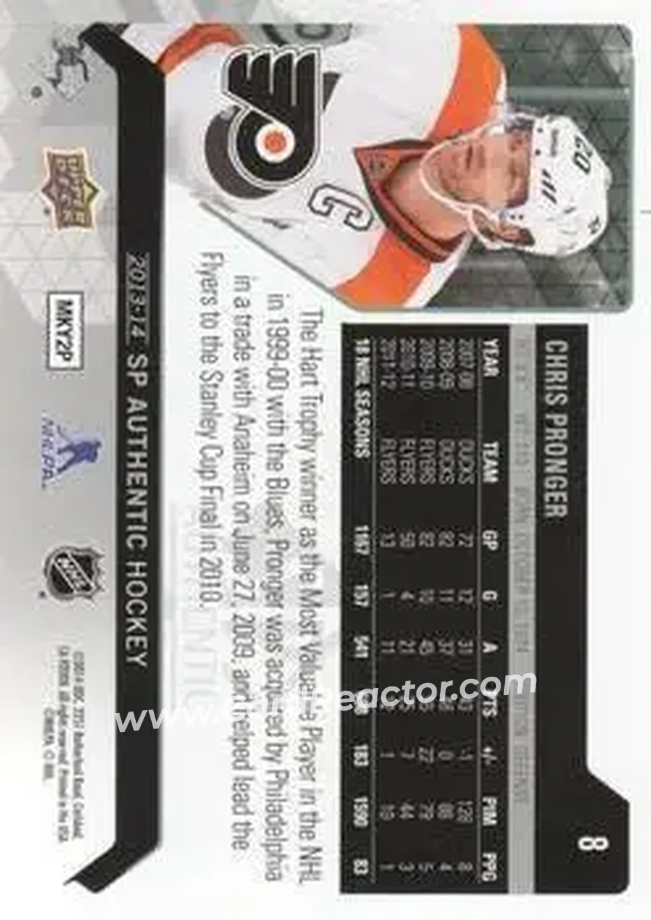 2013-14 SP Authentic #8 - Chris Pronger - Philadelphia Flyers - Back