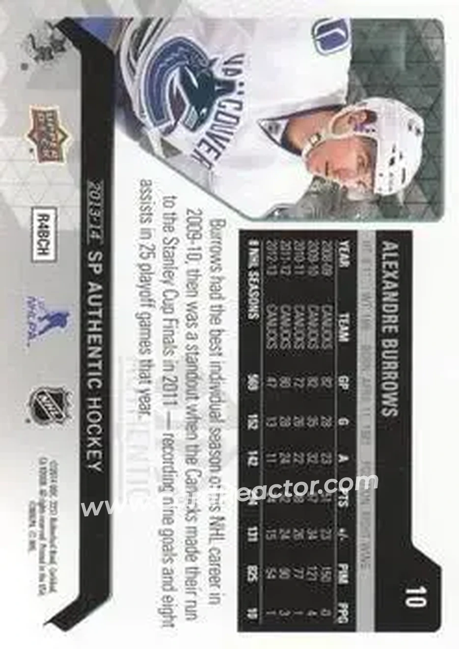 2013-14 SP Authentic #10 - Alexandre Burrows - Vancouver Canucks - Back