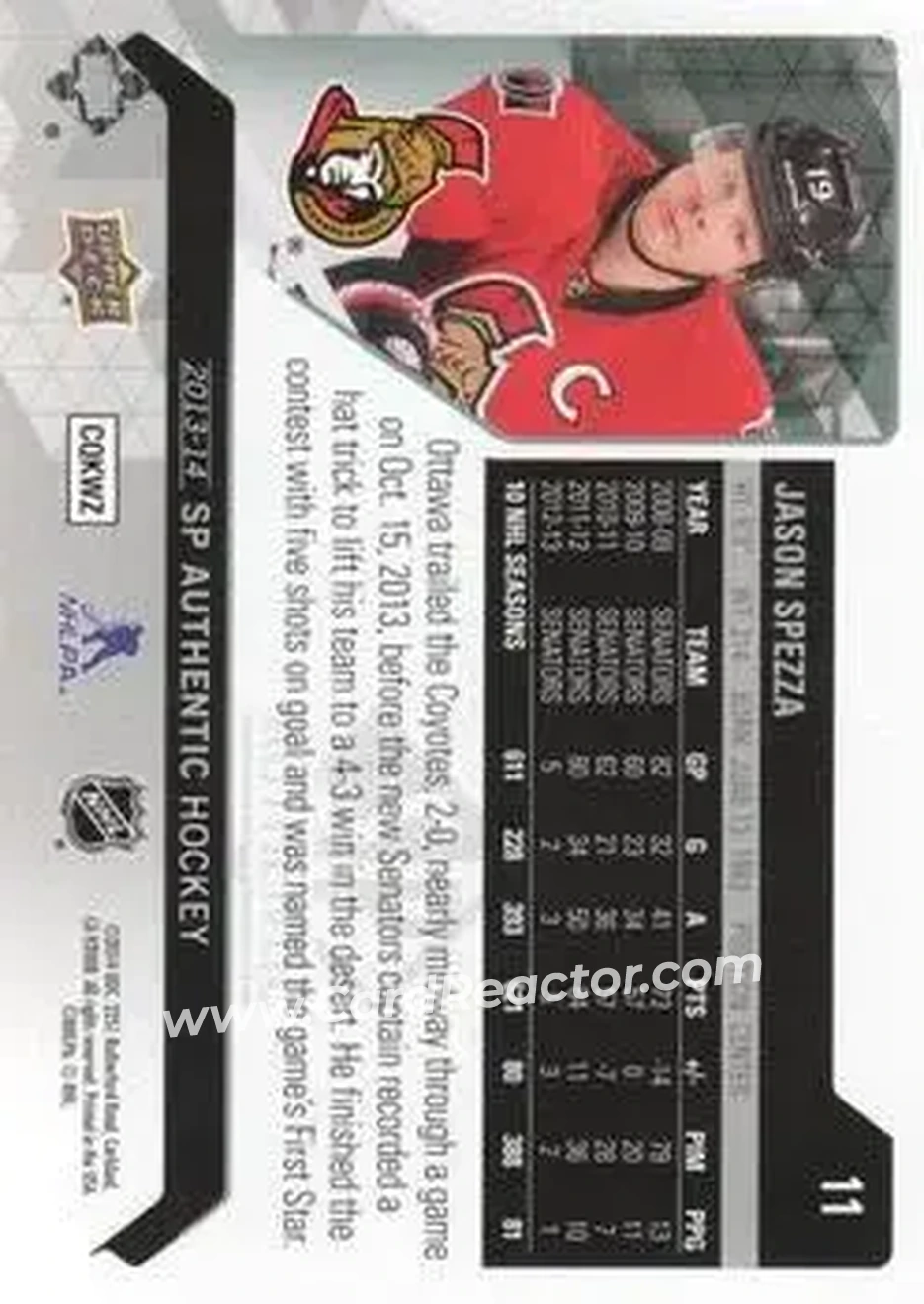 2013-14 SP Authentic #11 - Jason Spezza - Ottawa Senators - Back