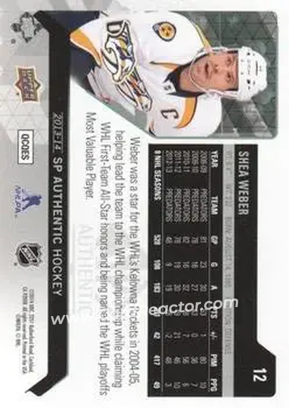 2013-14 SP Authentic #12 - Shea Weber - Nashville Predators - Back