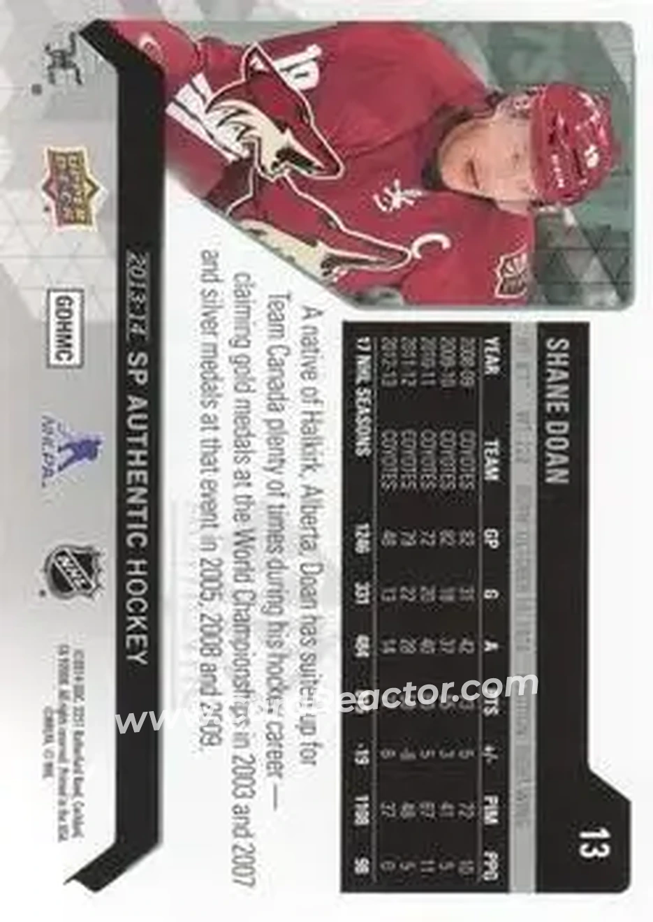 2013-14 SP Authentic #13 - Shane Doan - Phoenix Coyotes - Back