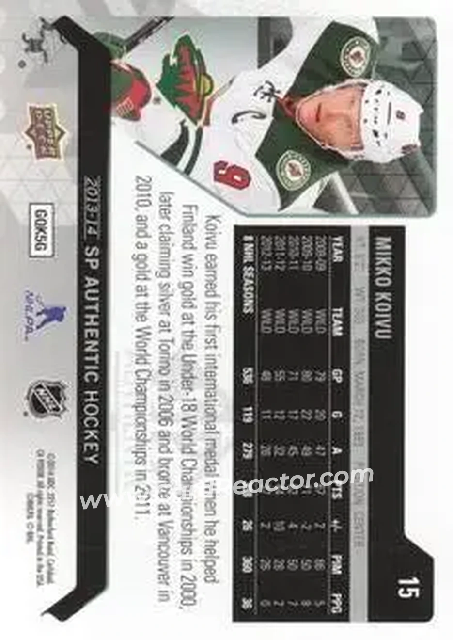 2013-14 SP Authentic #15 - Mikko Koivu - Minnesota Wild - Back