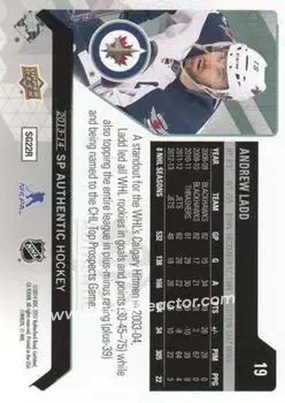 2013-14 SP Authentic #19 - Andrew Ladd - Winnipeg Jets - Back