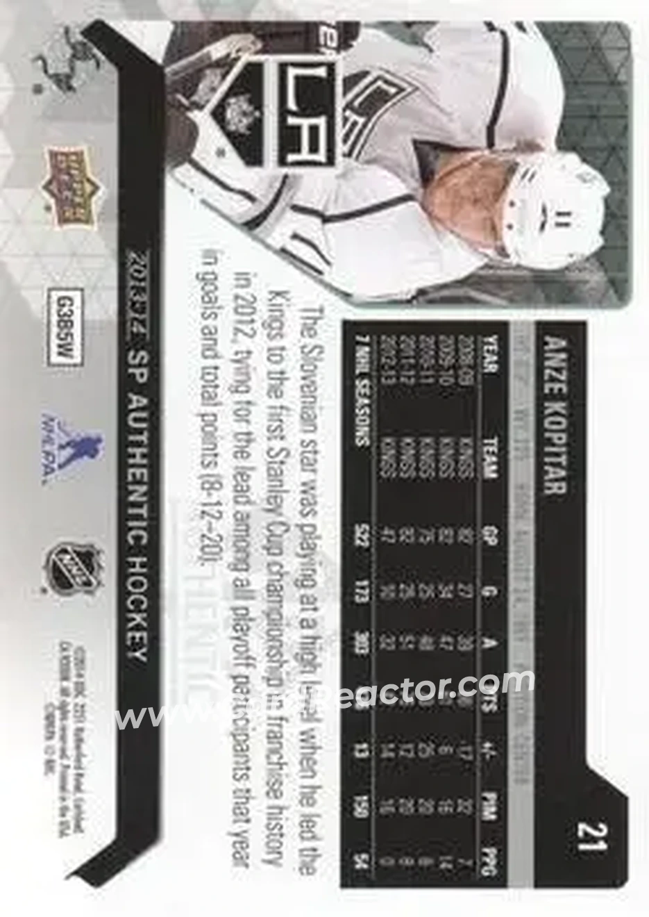 2013-14 SP Authentic #21 - Anze Kopitar - Los Angeles Kings - Back