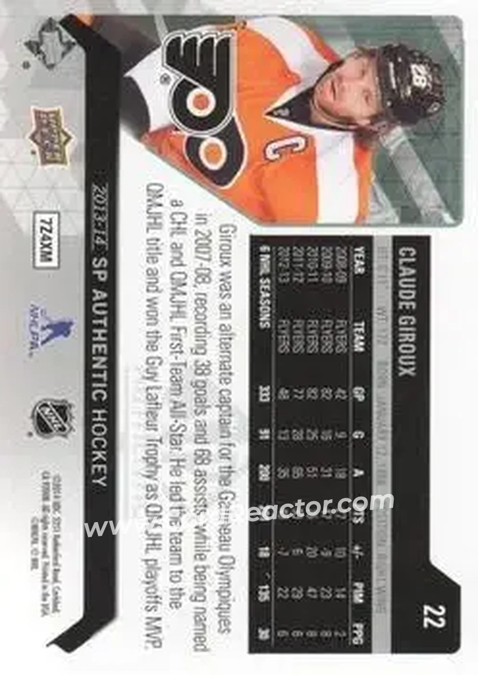 2013-14 SP Authentic #22 - Claude Giroux - Philadelphia Flyers - Back