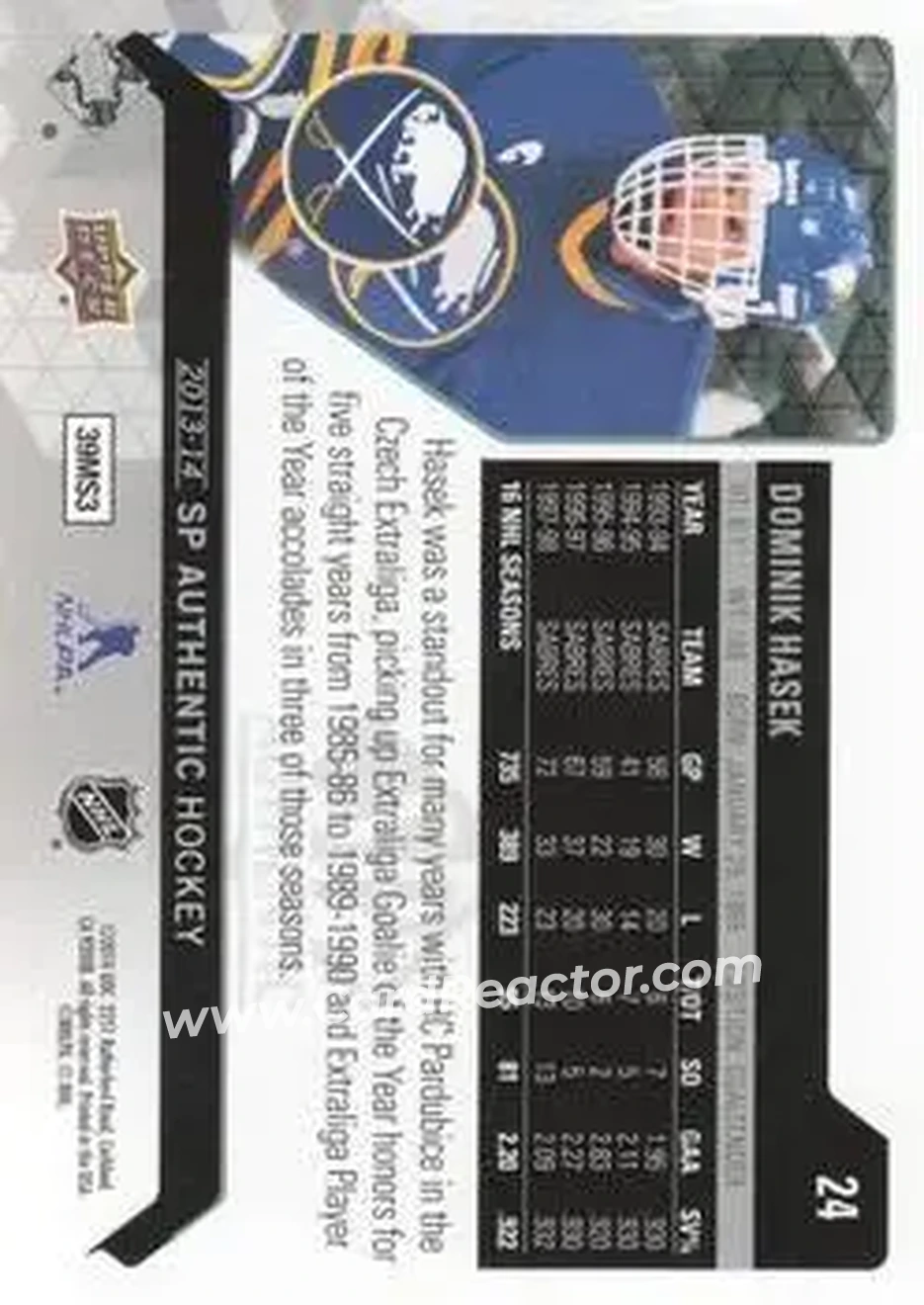 2013-14 SP Authentic #24 - Dominik Hasek - Buffalo Sabres - Back