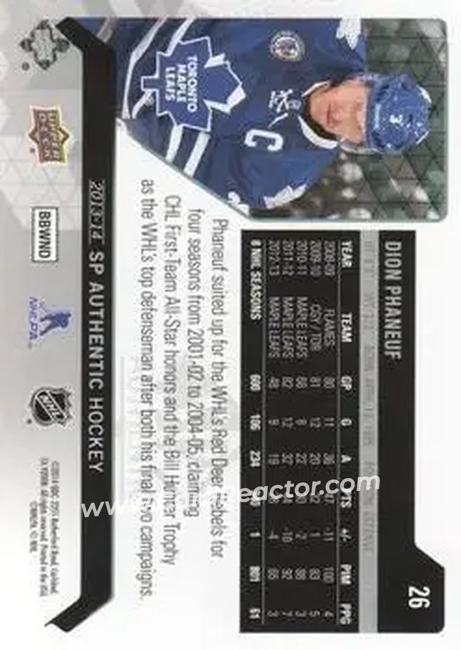 2013-14 SP Authentic #26 - Dion Phaneuf - Toronto Maple Leafs - Back