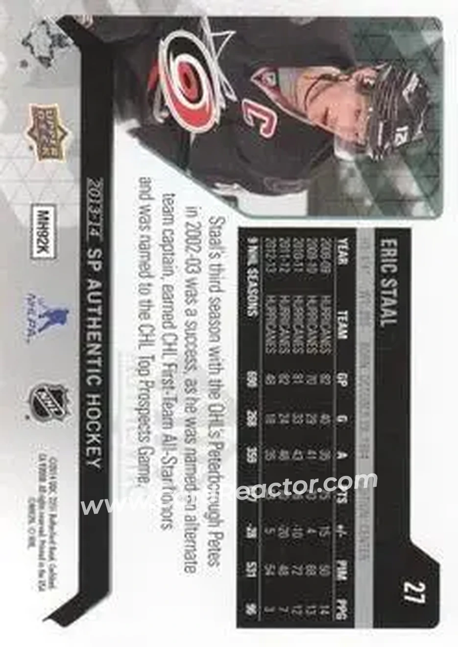 2013-14 SP Authentic #27 - Eric Staal - Carolina Hurricanes - Back
