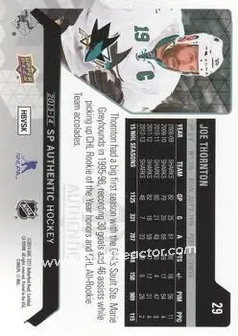2013-14 SP Authentic #29 - Joe Thornton - San Jose Sharks - Back 2013-14 SP Authentic #29 - Joe Thornton - San Jose Sharks - Back