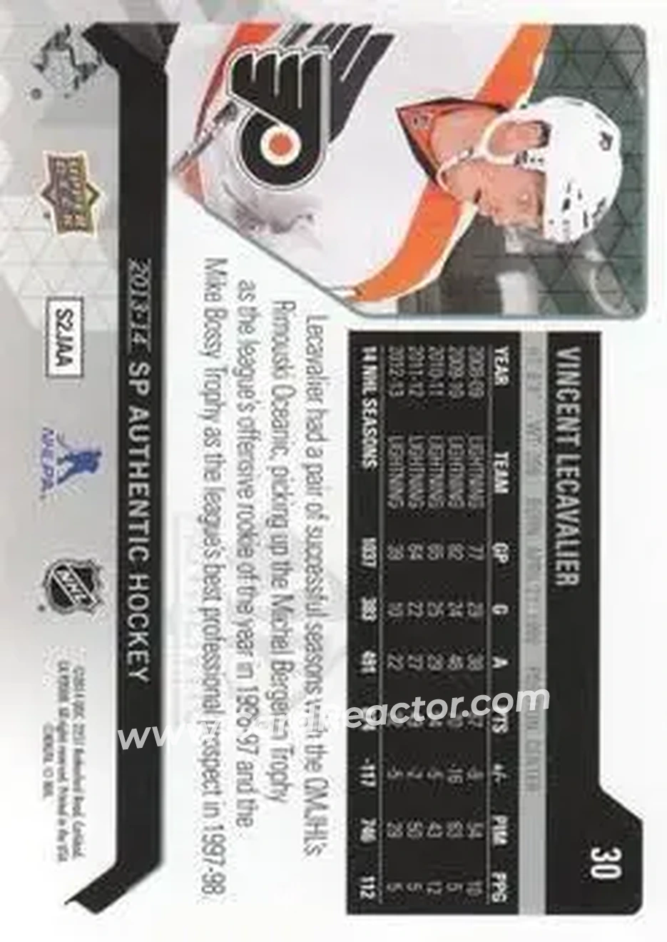 2013-14 SP Authentic #30 - Vincent Lecavalier - Philadelphia Flyers - Back