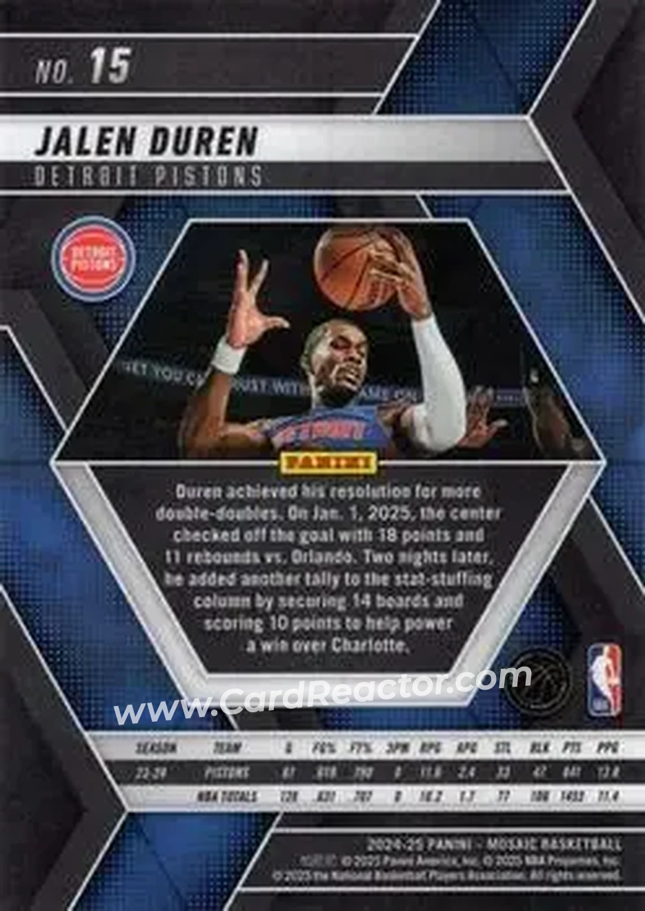 2024-25 Panini Mosaic #15 - Jalen Duren - Detroit Pistons - Back