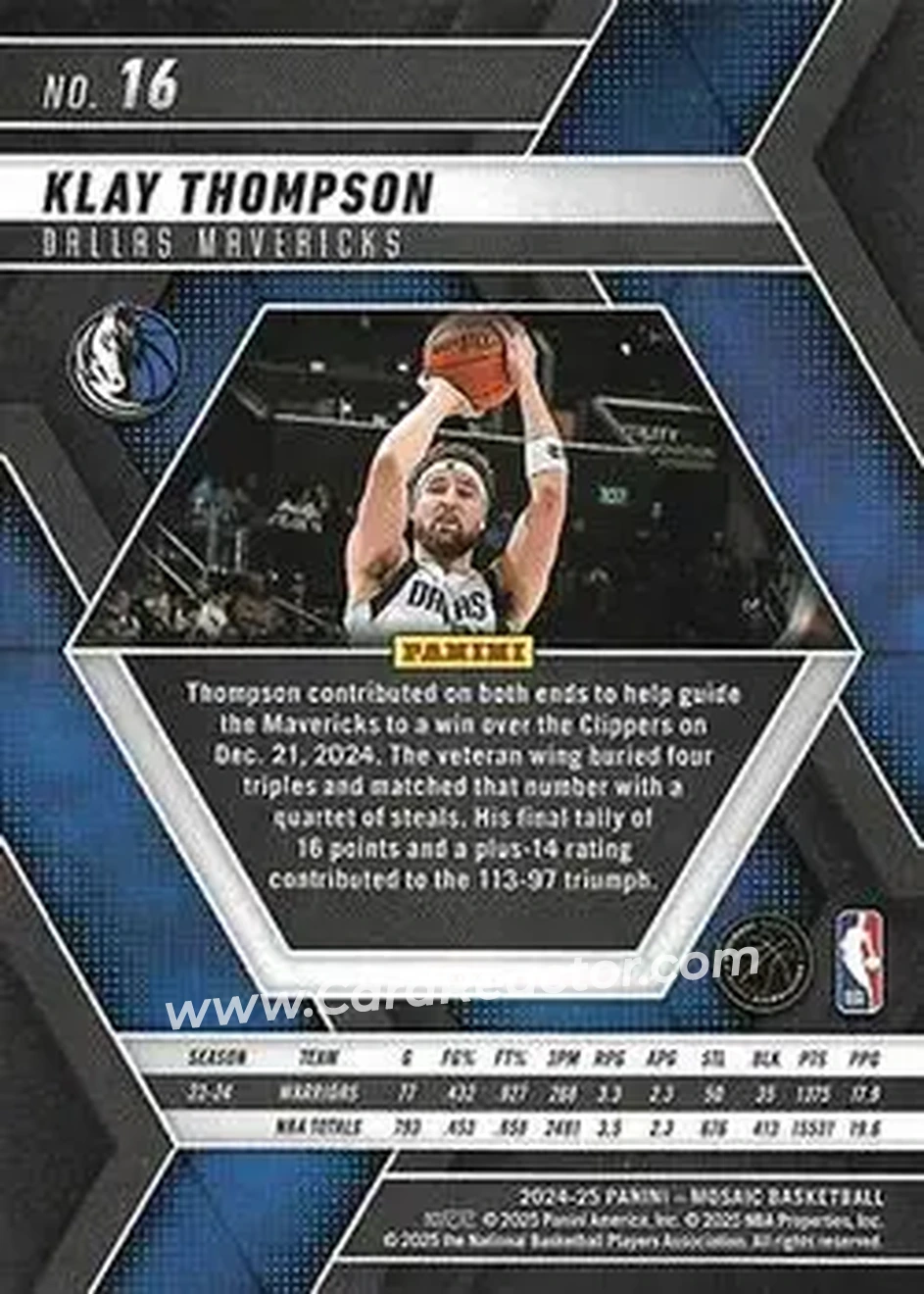 2024-25 Panini Mosaic #16 - Klay Thompson - Dallas Mavericks - Back 2024-25 Panini Mosaic #16 - Klay Thompson - Dallas Mavericks - Back