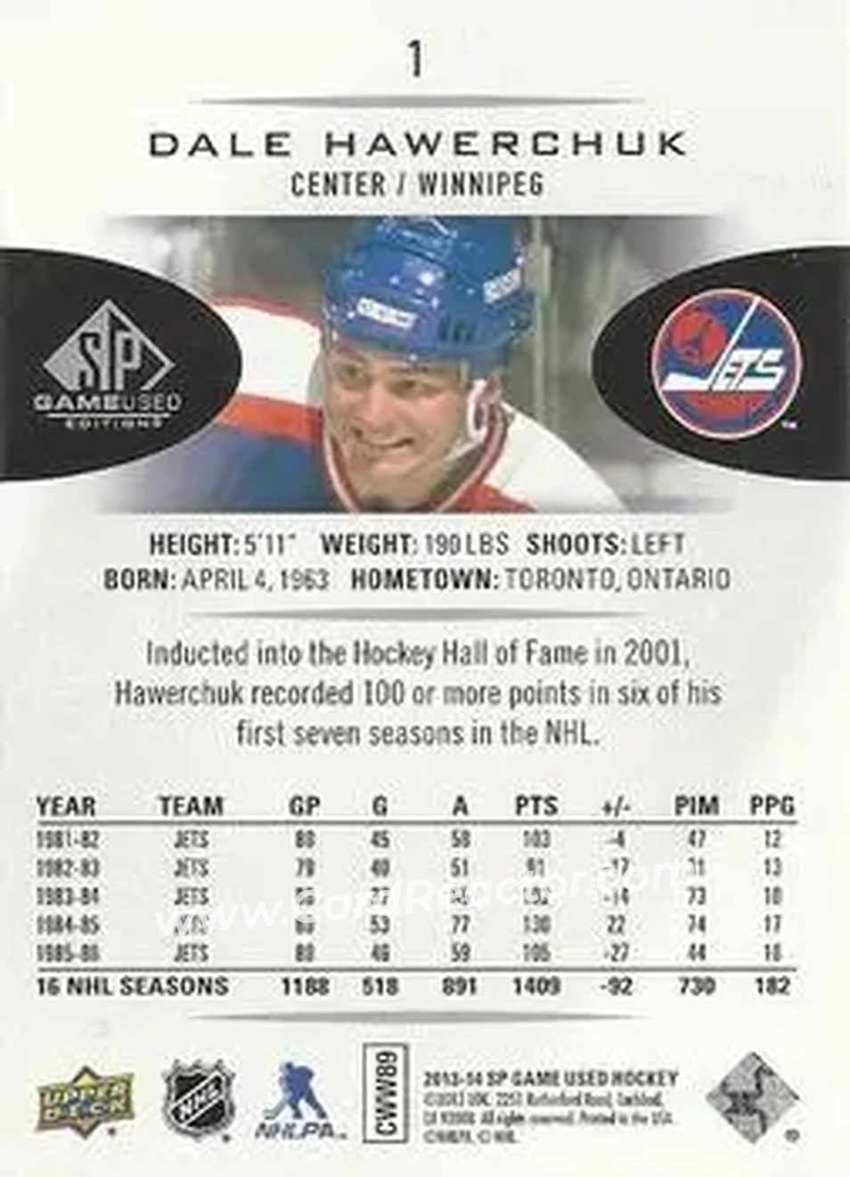 2013-14 SP Game Used #1 - Dale Hawerchuk - Winnipeg Jets - Back