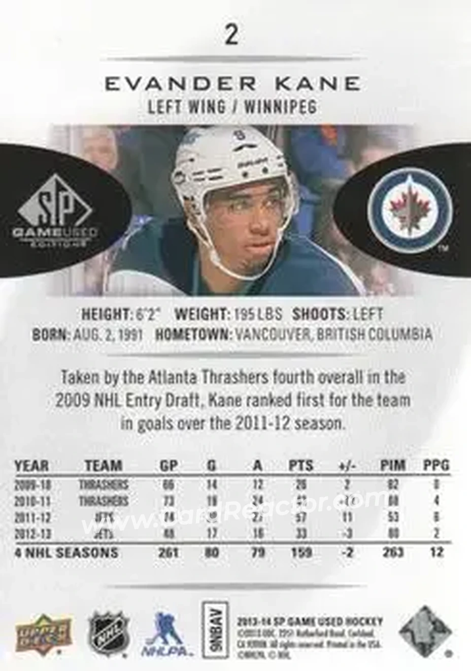 2013-14 SP Game Used #2 - Evander Kane - Winnipeg Jets - Back