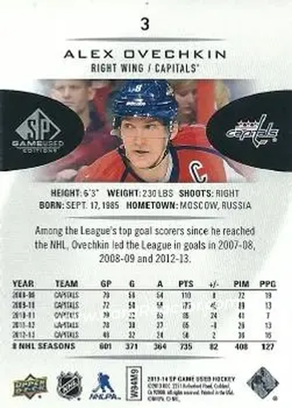 2013-14 SP Game Used #3 - Alex Ovechkin - Washington Capitals - Back