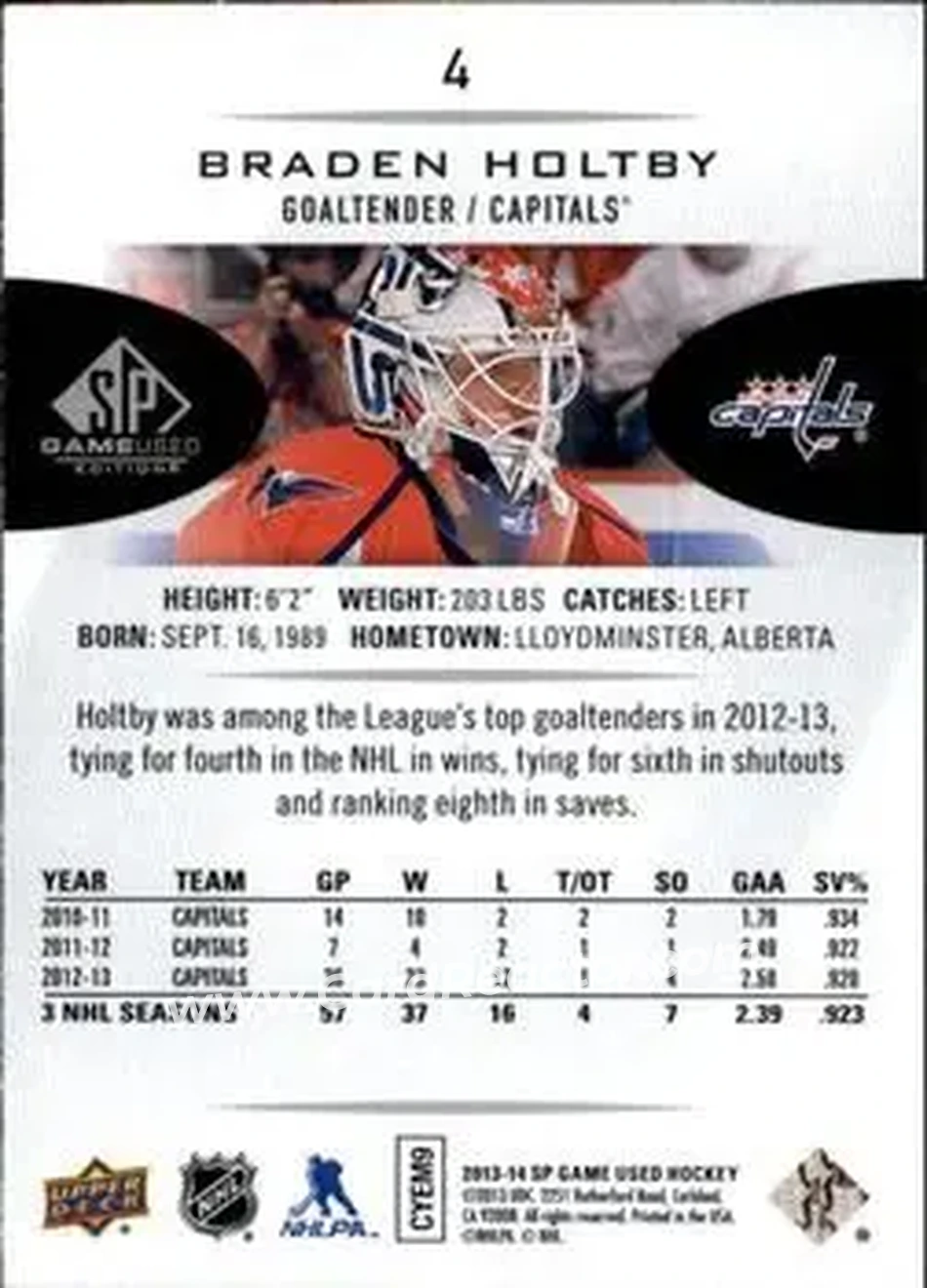 2013-14 SP Game Used #4 - Braden Holtby - Washington Capitals - Back