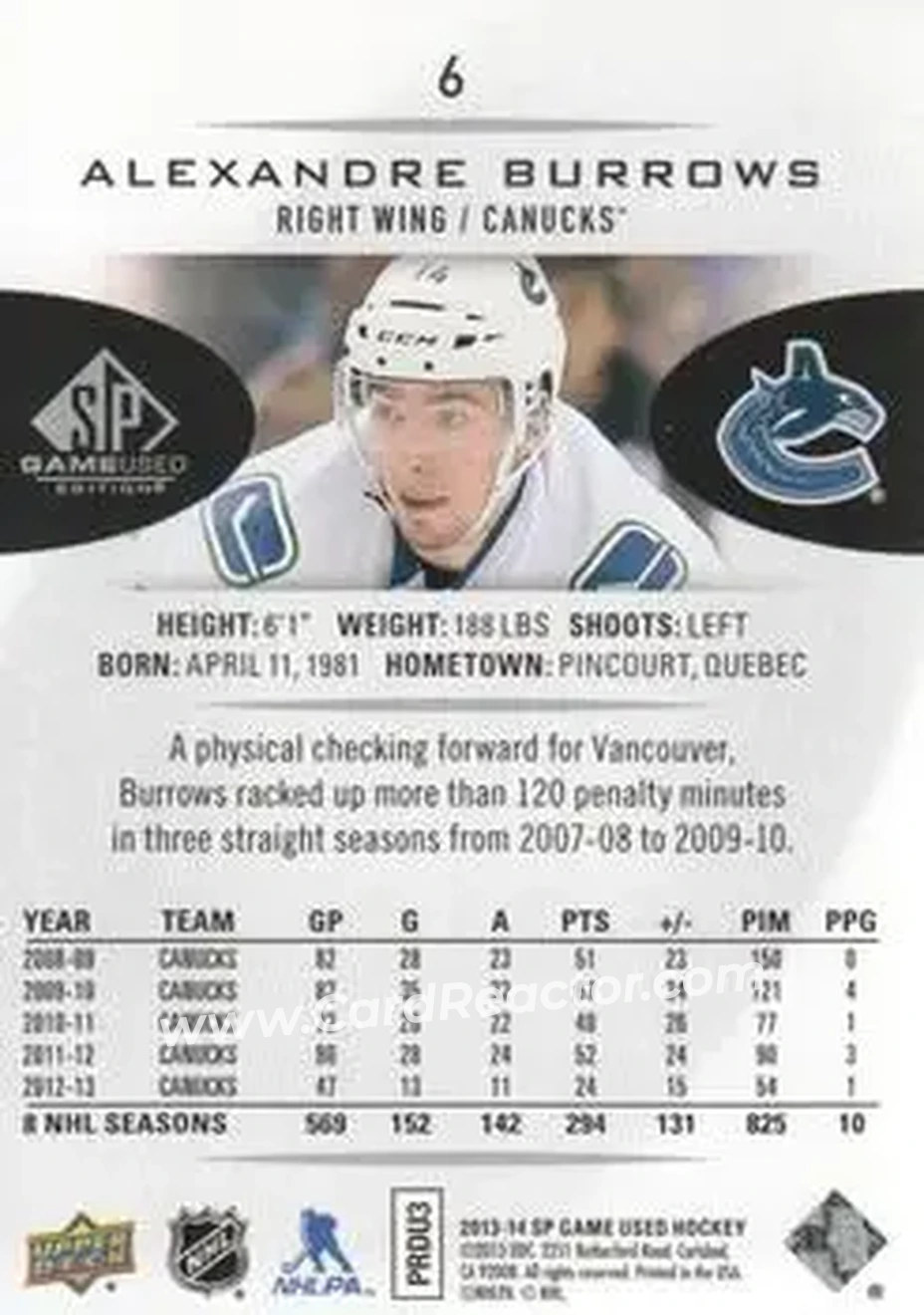 2013-14 SP Game Used #6 - Alexandre Burrows - Vancouver Canucks - Back