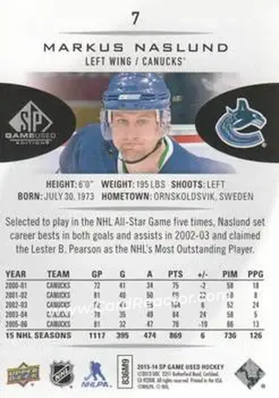 2013-14 SP Game Used #7 - Markus Naslund - Vancouver Canucks - Back