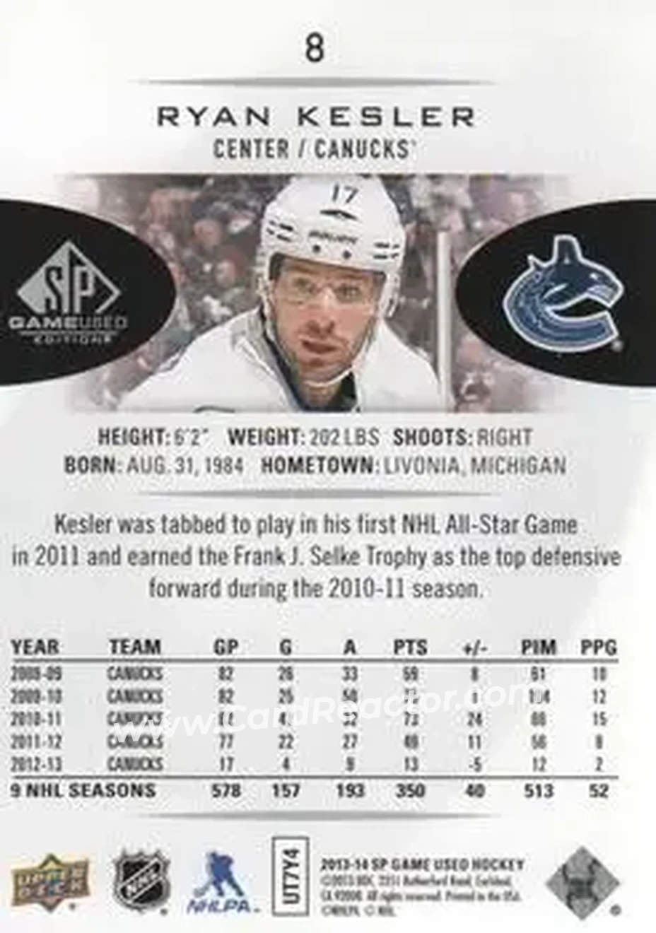 2013-14 SP Game Used #8 - Ryan Kesler - Vancouver Canucks - Back