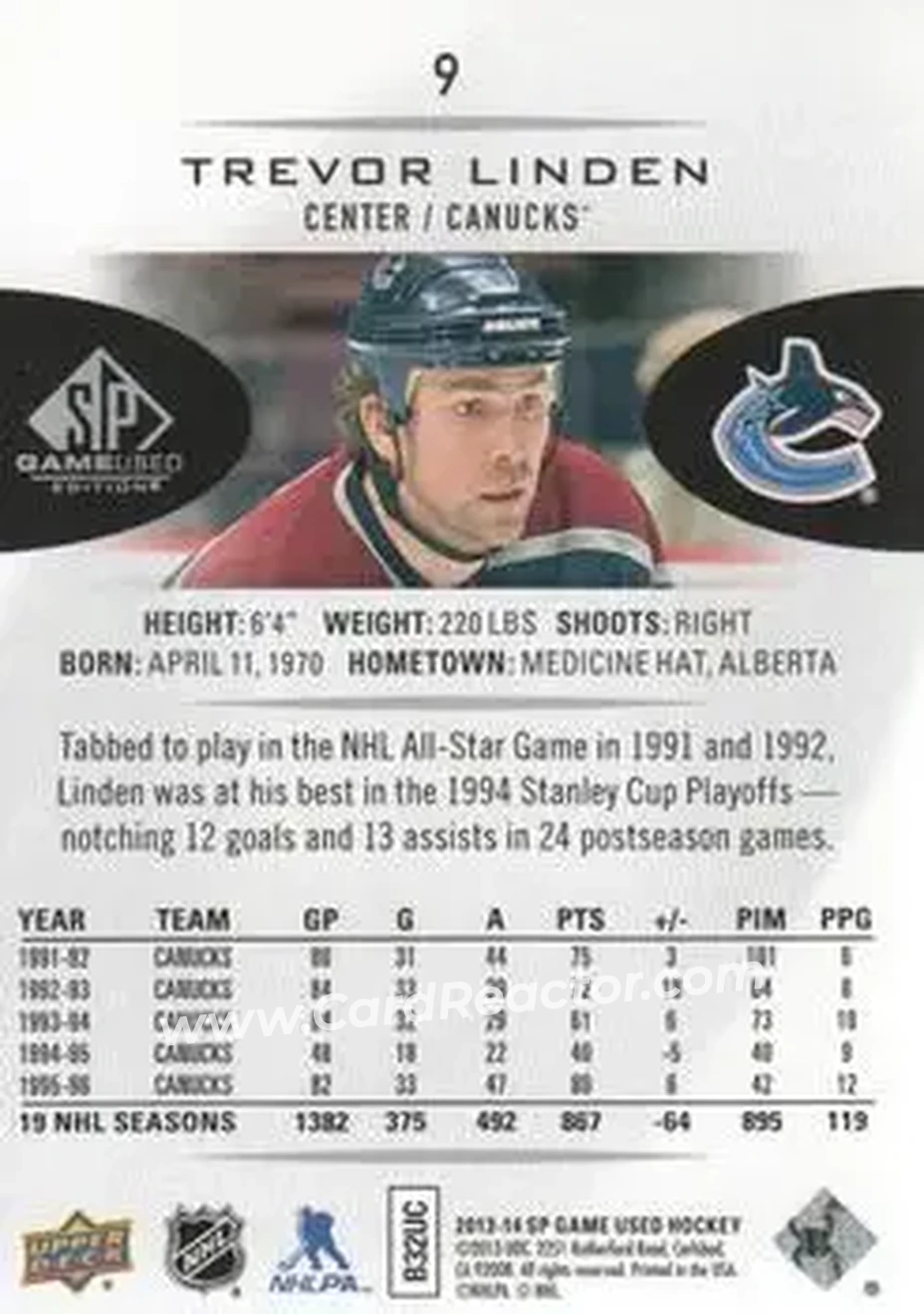 2013-14 SP Game Used #9 - Trevor Linden - Vancouver Canucks - Back