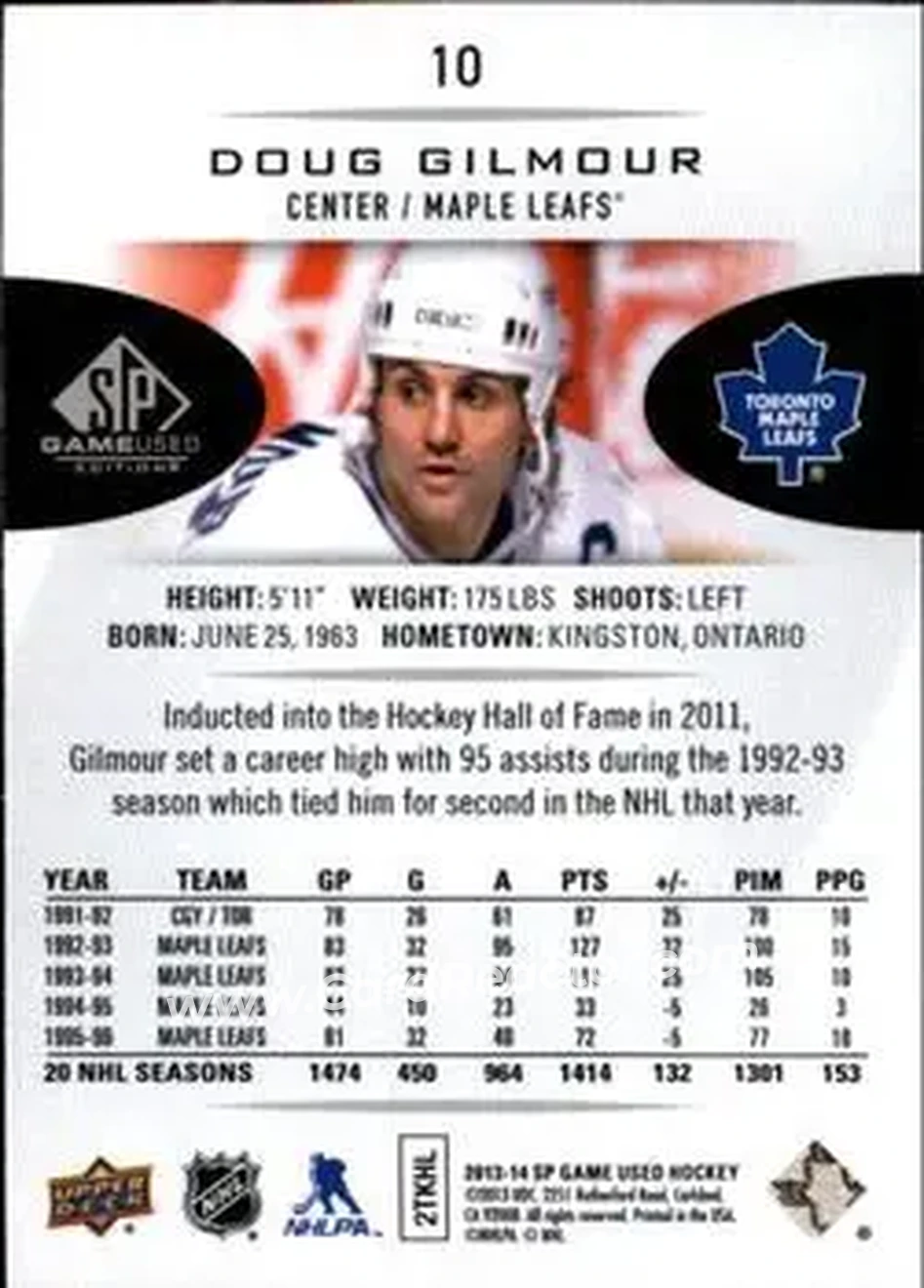 2013-14 SP Game Used #10 - Doug Gilmour - Toronto Maple Leafs - Back