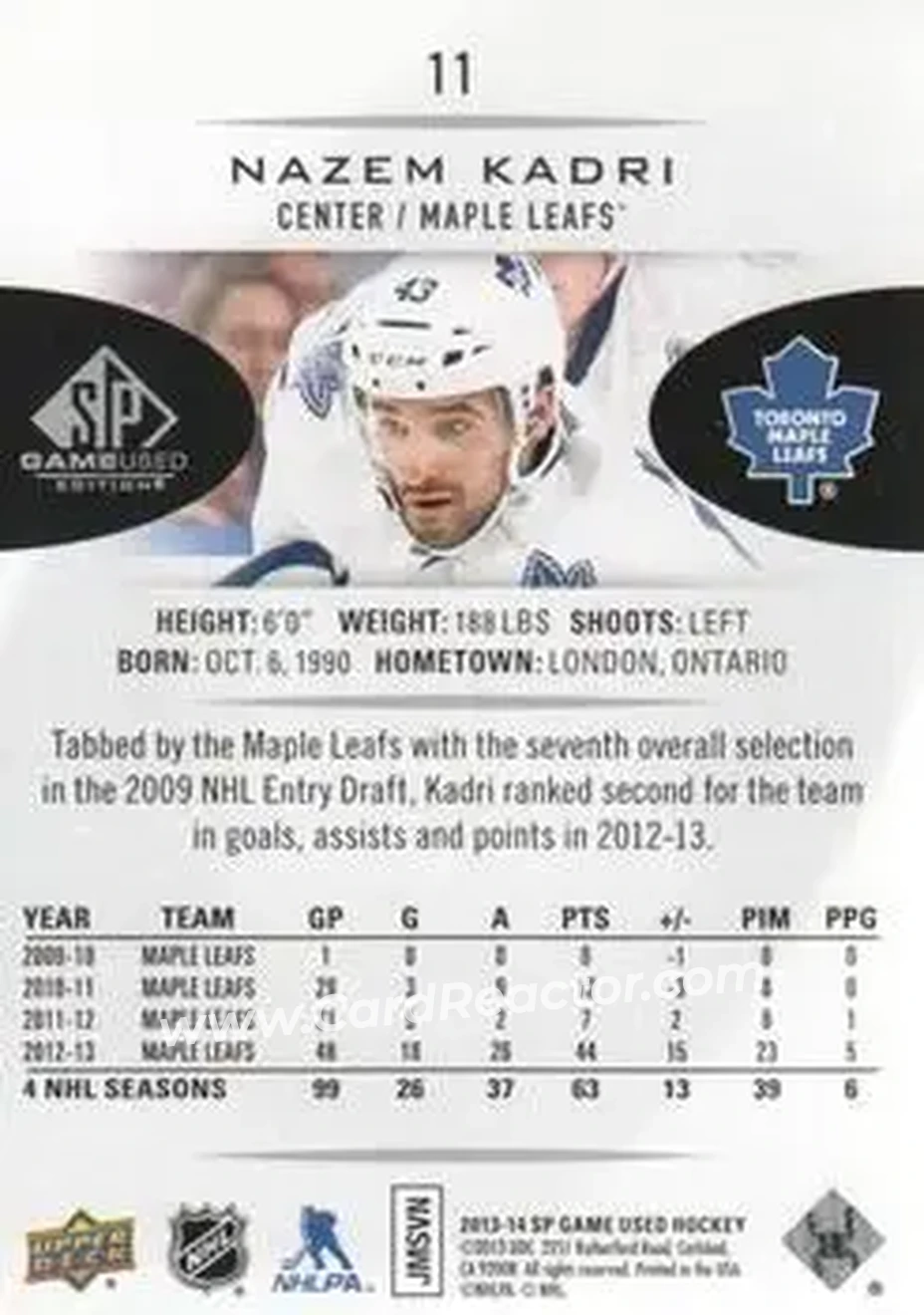 2013-14 SP Game Used #11 - Nazem Kadri - Toronto Maple Leafs - Back