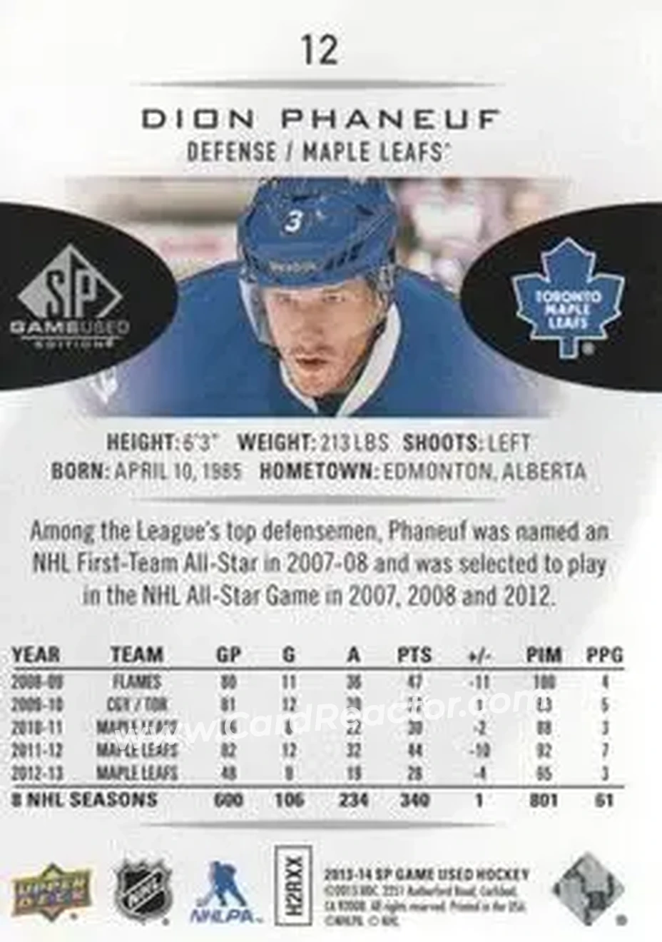 2013-14 SP Game Used #12 - Dion Phaneuf - Toronto Maple Leafs - Back