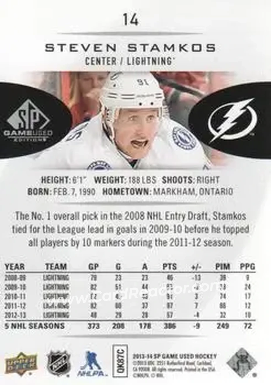2013-14 SP Game Used #14 - Steven Stamkos - Tampa Bay Lightning - Back
