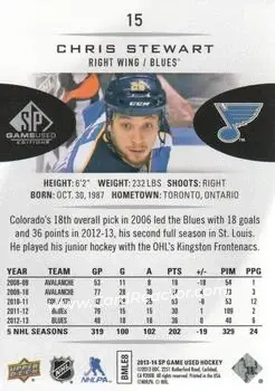 2013-14 SP Game Used #15 - Chris Stewart - St. Louis Blues - Back